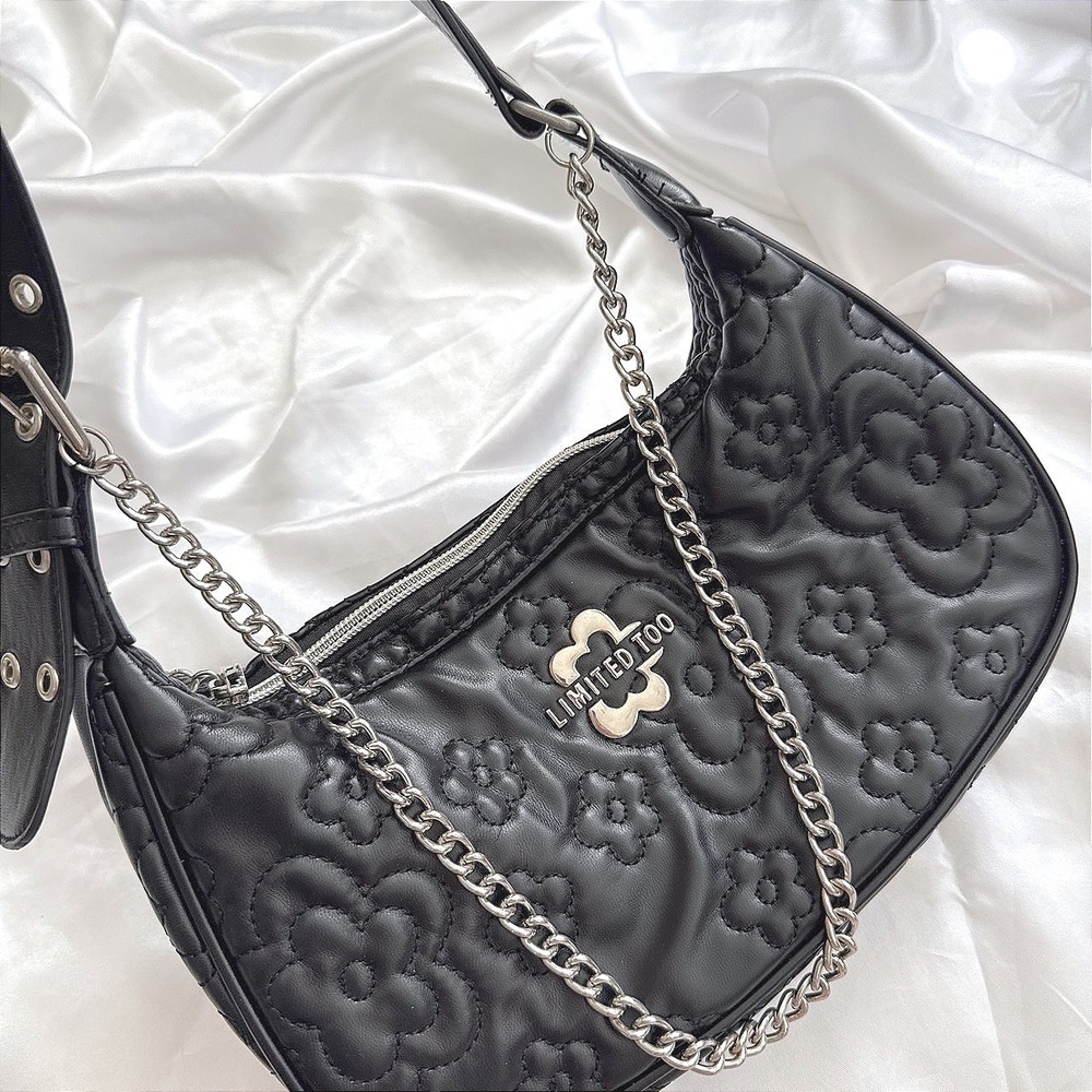 Limited Too Black Quilted Flower Hobo Bag Y2K Floral Shoulder Bag Silver Chain